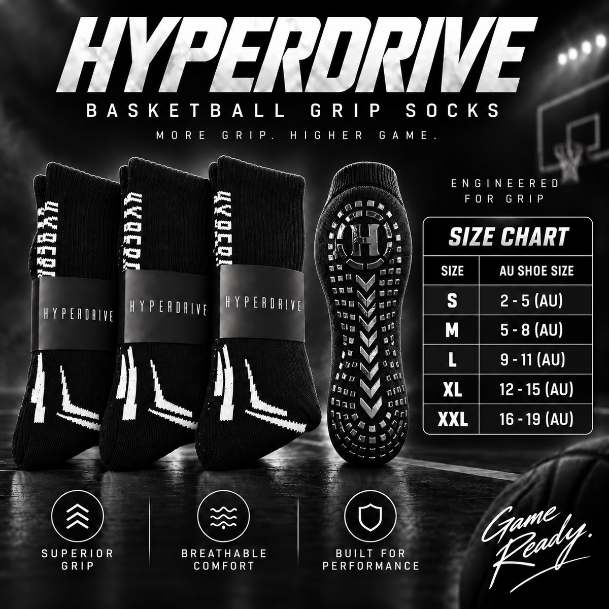 Hyperdrive Elite Grip Socks Black (L) 3 Pack Bundle