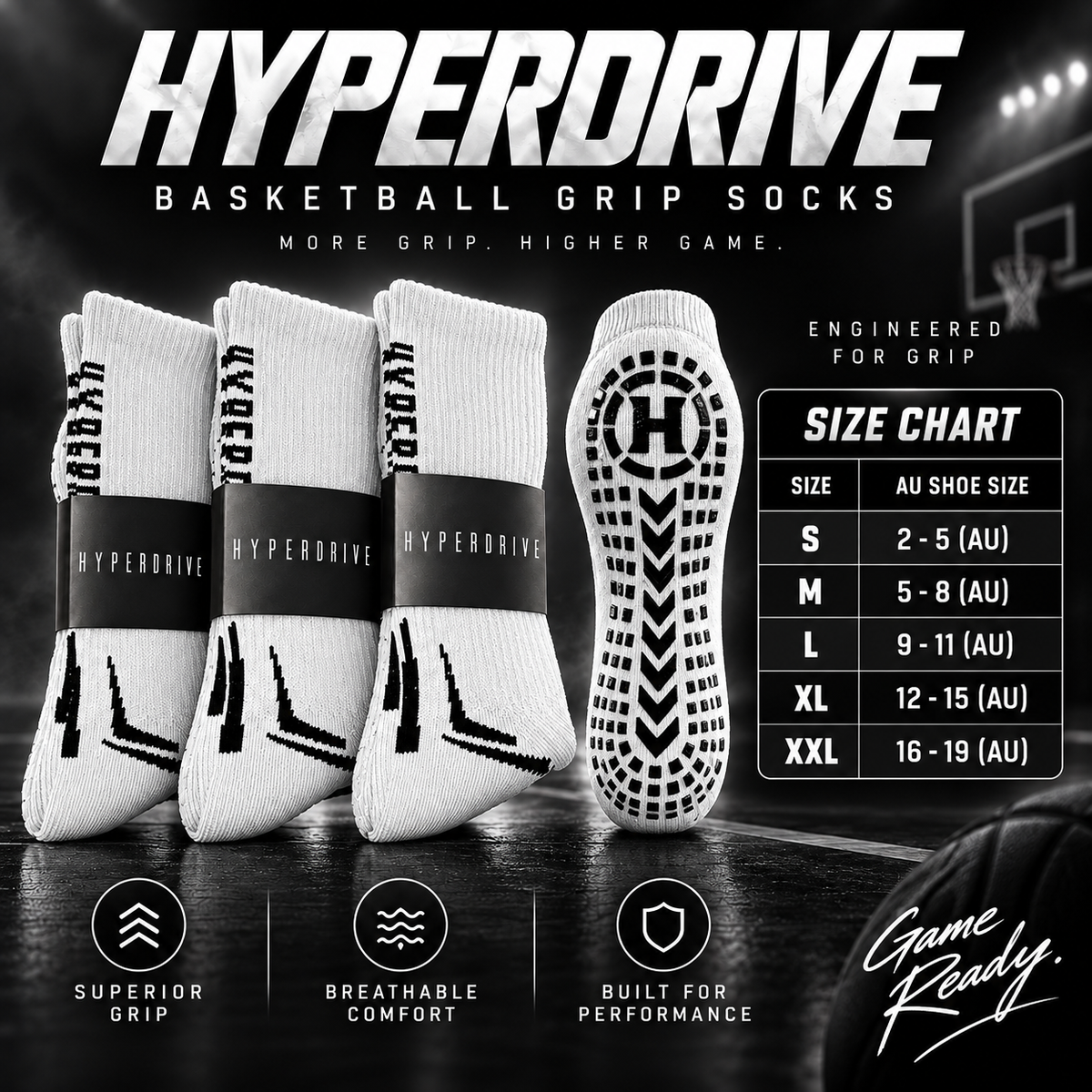 Hyperdrive Elite Grip Socks White (L) 3 Pack Bundle